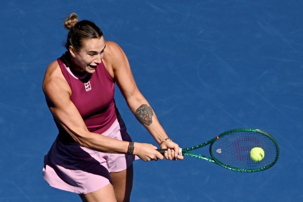 Belarus's Aryna Sabalenka hits a return to Czech Republic's Nikola Bartunkova during their women's singles match at the China Open tennis tournament in Beijing on October 4, 2026. Pedro PARDO / AFP