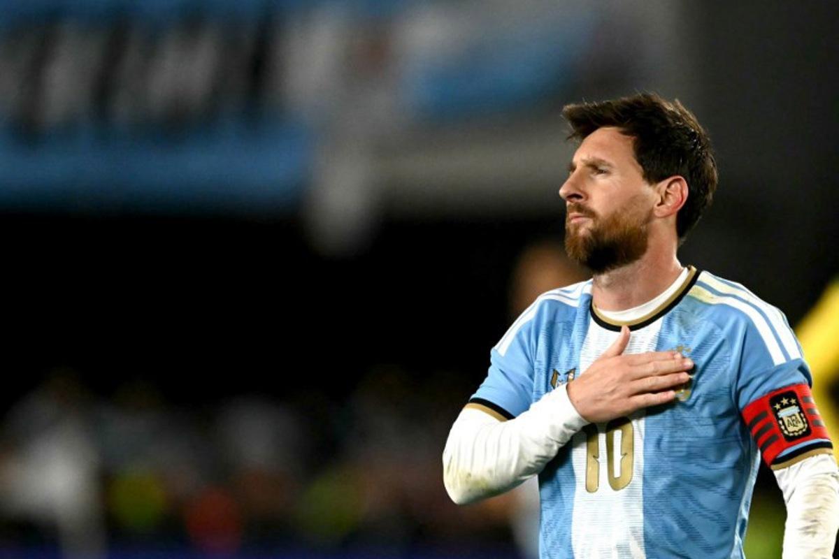 Argentina's forward #10 Lionel Messi celebrates scoring his team's third goal during the international friendly football match between Argentina and Benin at the Mas Monumental stadium in Buenos Aires on October 6, 2026. Luis ROBAYO / AFP