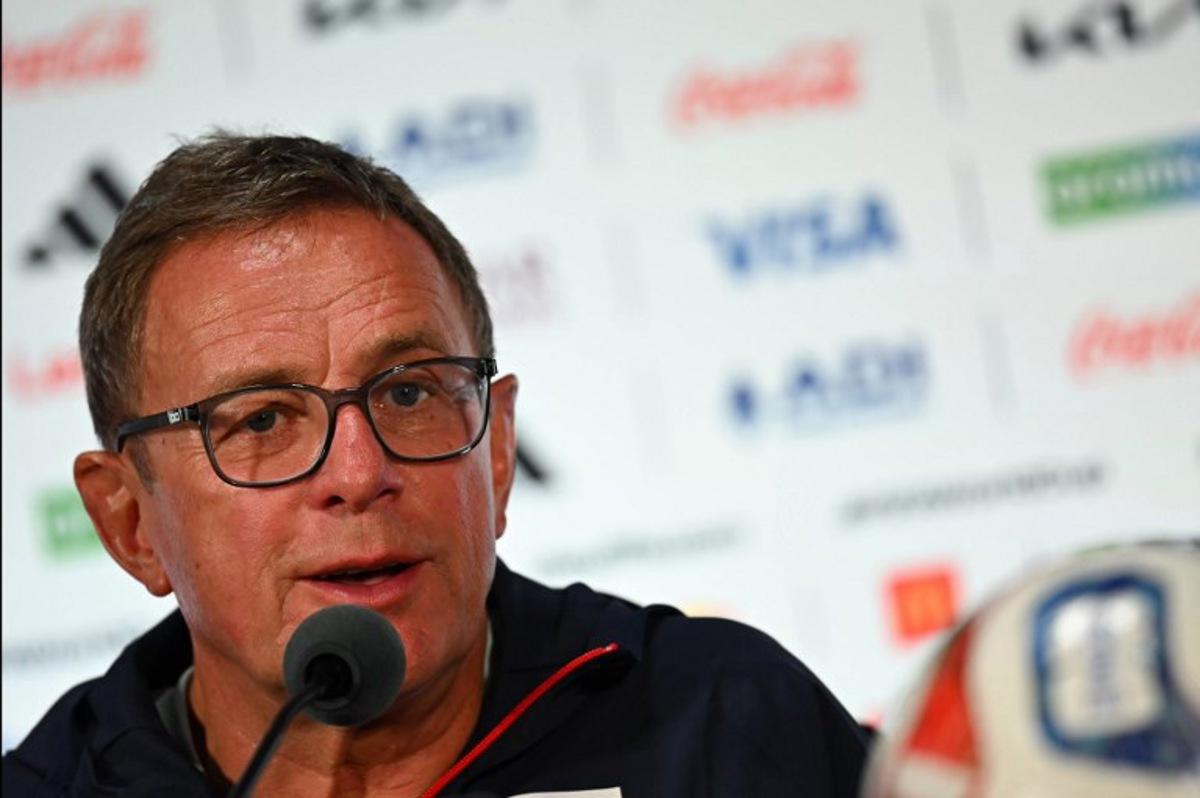 Austria's German head coach Ralf Rangnick gives an MD-1 press conference at the Dallas Stadium in Arlington on June 21, 2026, on the eve of the 2026 World Cup Group J football match between Argentina and Austria. Paul ELLIS / AFP