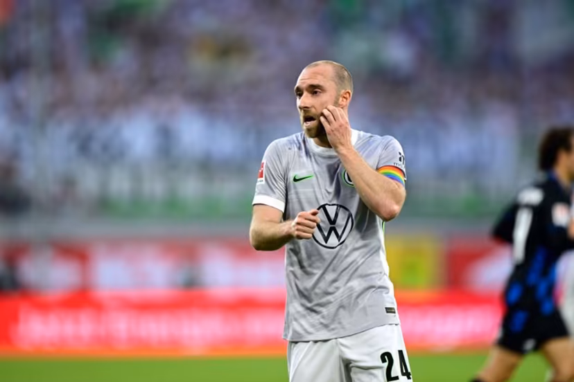 Wolfsburg's Danish midfielder #24 Christian Eriksen reacts during the German Bundesliga relegation second-leg football match between SC Paderborn 07 and VfL Wolfsburg in Paderborn on May 25, 2026. Ina FASSBENDER / AFP
