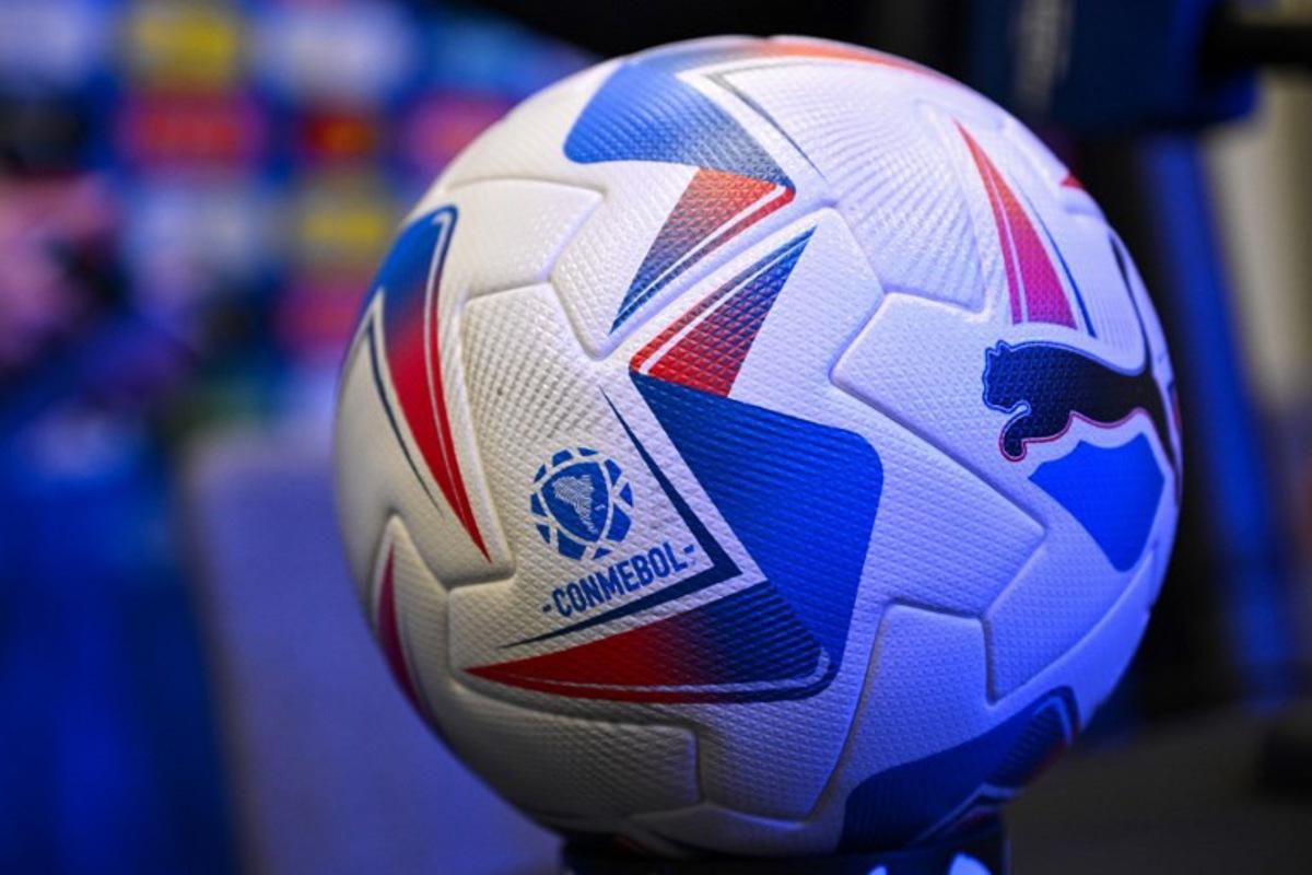 The Puma SE logo is displayed on a Conmebol football after a press conference ahead of the Conmebol 2024 Copa America tournament group D football match between Brazil and Costa Rica at SoFi Stadium in Inglewood, California on June 23, 2024. Patrick T. Fallon / AFP