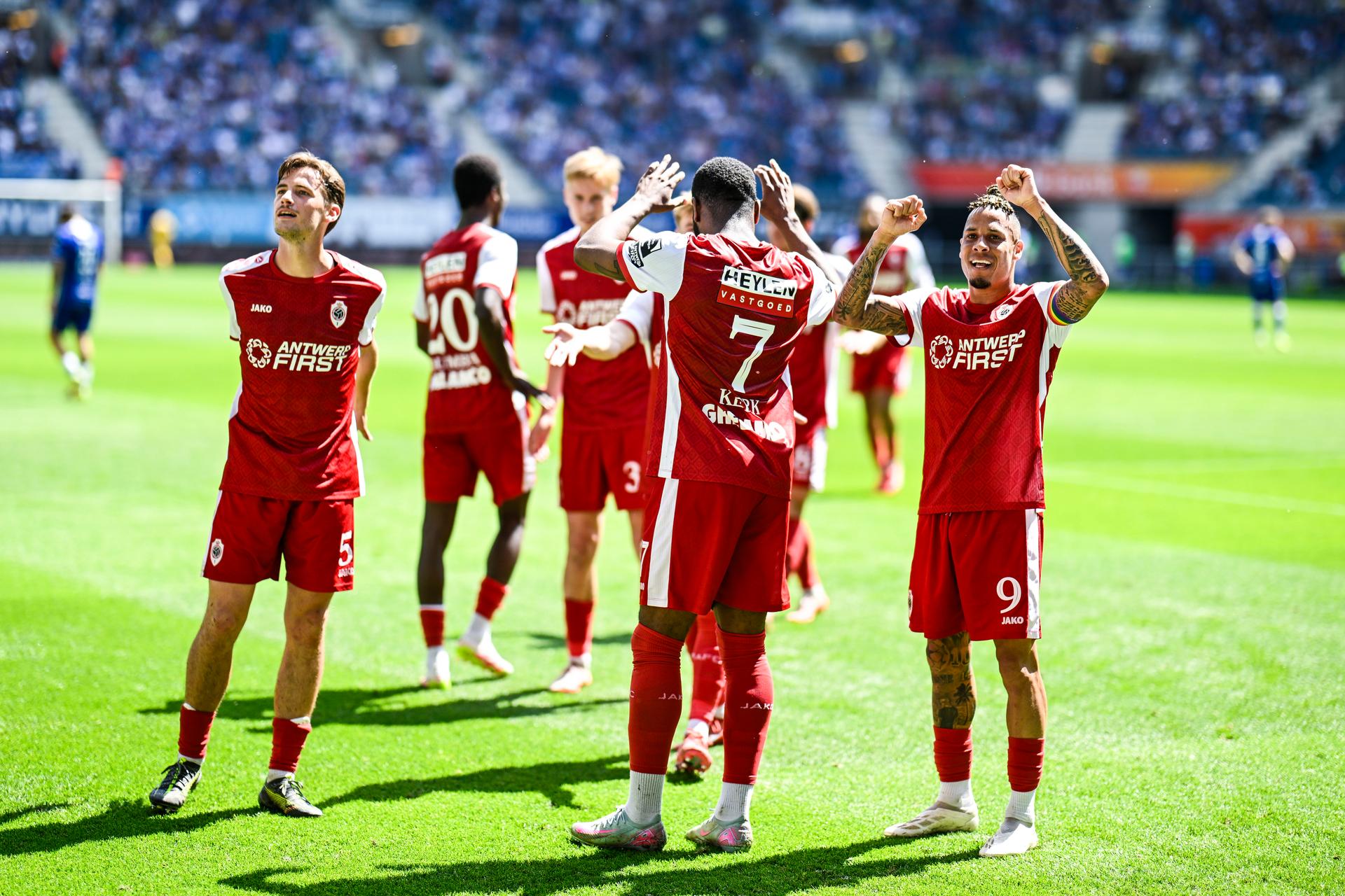 Antwerp's Gyrano Kerk and Antwerp's Tjaronn Chery celebrate after scoring during a soccer match between KAA Gent and Royal Antwerp FC, Sunday 11 May 2025 in Gent, on day 8 (out of 10) of the Champions' Play-offs of the 2024-2025 'Jupiler Pro League' first division of the Belgian championship. BELGA PHOTO TOM GOYVAERTS