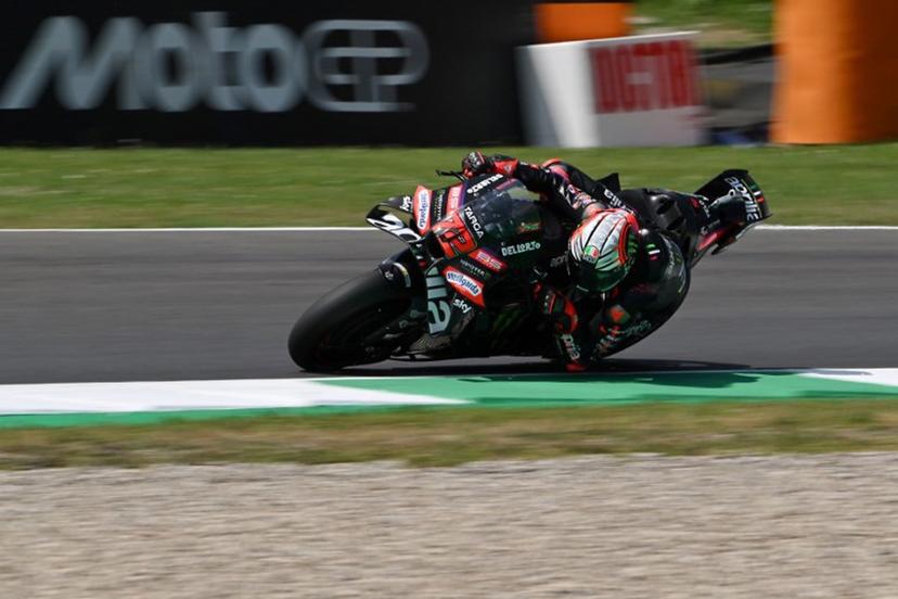 Aprilia Racing team's Italian MotoGP rider Marco Bezzecchi steers his motorbike during the second practice session ahead of the Italian Moto GP Grand Prix at Mugello circuit, in Mugello, near Florence, on May 29, 2026. Andreas SOLARO / AFP