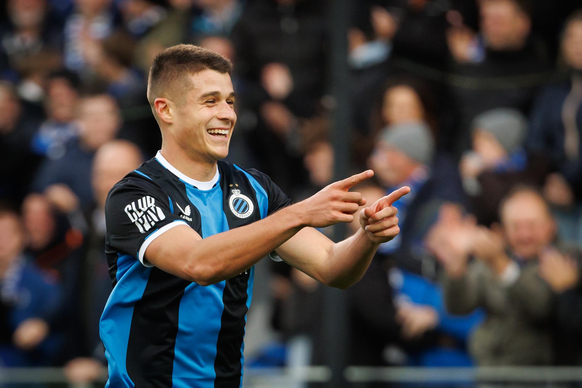 Club's Nicolo Tresoldi celebrates after scoring during a soccer match between Club Brugge and Sint-Truidense VV , Sunday 25 October 2026 in Brugge, on day 9 of the 2026-2027 'Jupiler Pro League' first division of the Belgian championship. BELGA PHOTO KURT DESPLENTER