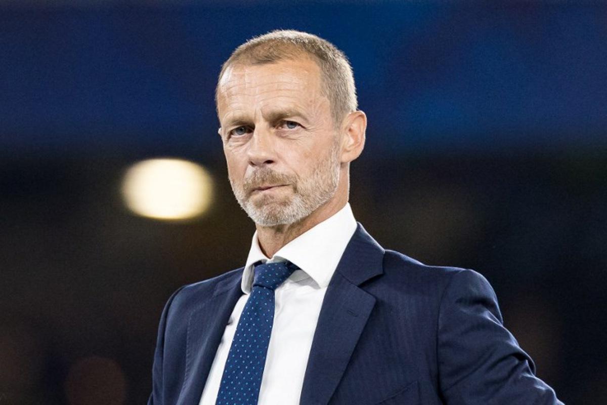 UEFA President Aleksander Ceferin looks on during the UEFA Supercup football match between Champions League winners Paris Saint Germain (PSG) and Europa League winners Aston Villa in Salzburg, Austria on August 12, 2026. Johann GRODER / APA / AFP