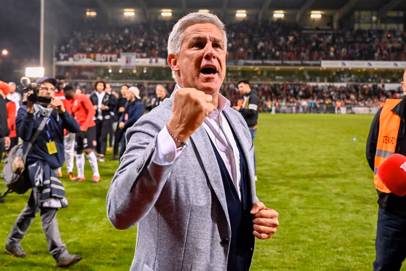Rwdm's chairman Thierry Dailly pictured during celebrations after RWDM won the championship, after a soccer match between RWDM and RSCA Futures, Saturday 13 May 2023 in Brussels, on day 10 (out of 10) of the Promotion Play-Offs of the 2022-2023 'Challenger Pro League' 1B second division of the Belgian championship. RWDM will be promoted to the first division. BELGA PHOTO LAURIE DIEFFEMBACQ