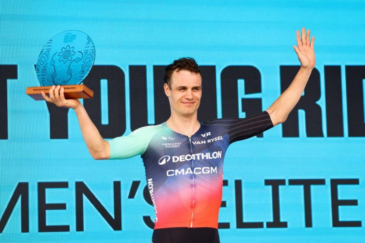 Decathlon CMA CGM Team Danish Tobias Lund Andresen celebrates winning the best young rider award in the 2026 Cadel Evans Great Ocean Men's Elite Road Race in Geelong on February 1, 2026. CHRIS PUTNAM / AFP