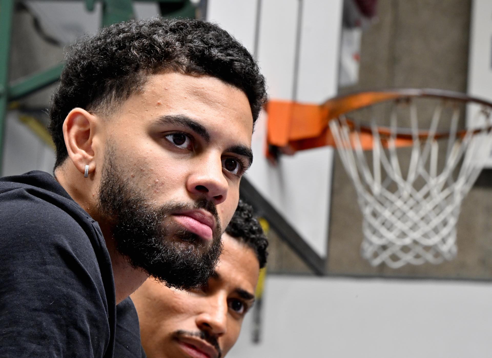 Ajay Mitchell pictured during a press conference regarding the NBA US basketball competition on Wednesday 30 July 2025 in Ans. Oklahoma City Thunder, featuring Belgian point guard Mitchell, won the league. BELGA PHOTO ERIC LALMAND