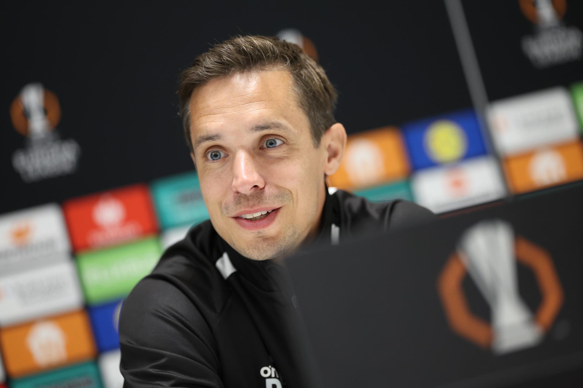 Union's head coach David Hubert pictured during a press conference of Belgian soccer team Royale Union Saint-Gilloise, Wednesday 14 October 2026 in Leuven. The team is preparing for the 2nd match of the UEFA Europa League league phase against Spanish Real Sociedad tomorrow. BELGA PHOTO VIRGINIE LEFOUR
