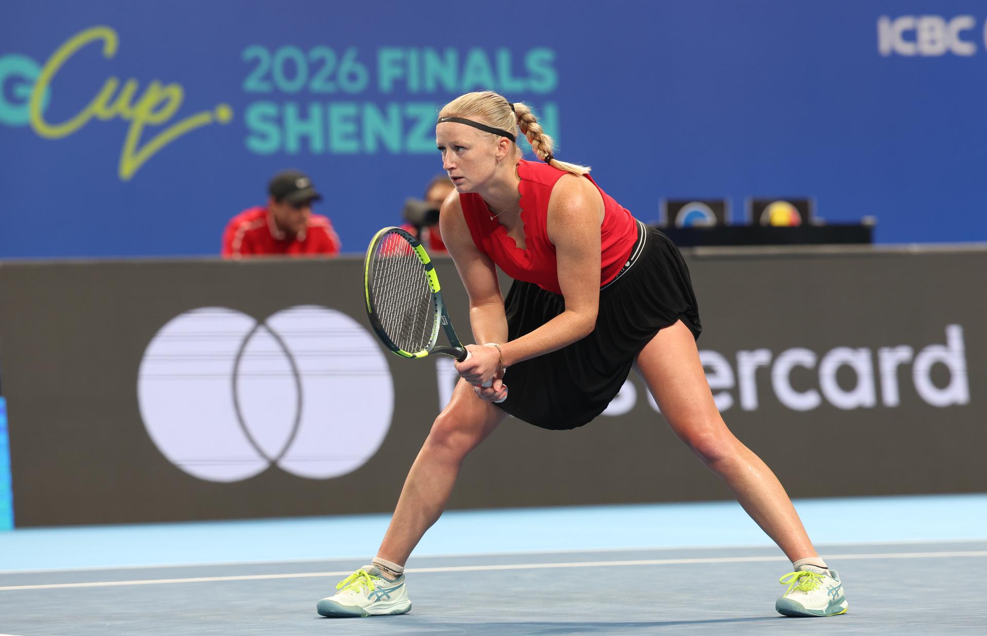 Belgian Lara Salden pictured in action during a doubles tennis match between Ukrainian pair Kalinina/Kichenok and Belgian pair Kempen/Salden, the third rubber in the tie between Belgium and Ukraine in the Quarter Finals of the Billie King Cup tournament, on Thursday 24 September 2026 in Shenzhen, China. BELGA PHOTO VIRGINIE LEFOUR