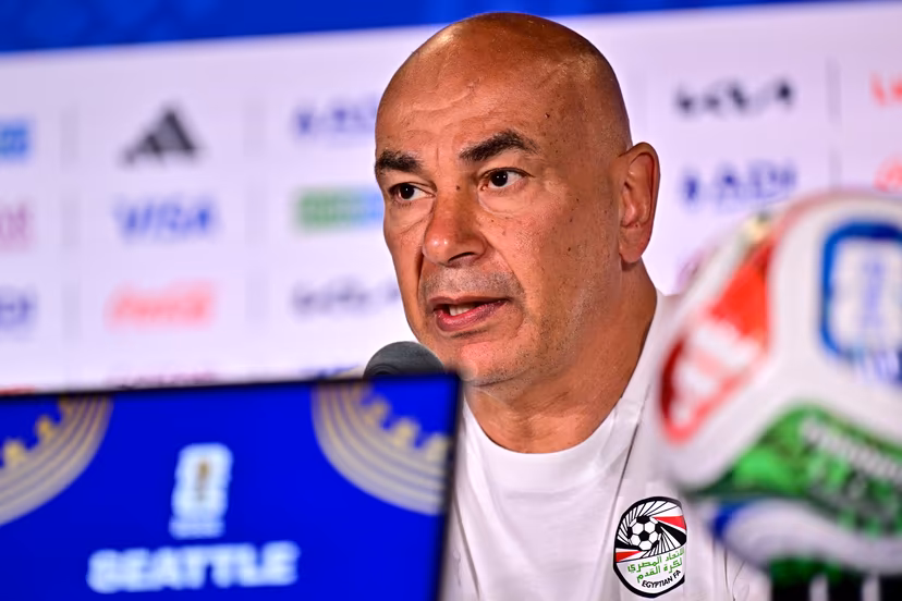 Egypt's head coach Hossam Hassan pictured during a press conference of the Egyptian national soccer team on Sunday 14 June 2026 in Seattle, USA, ahead of their first game tomorrow against Belgian national soccer team Red Devils at the FIFA World Cup 2026. BELGA PHOTO DIRK WAEM