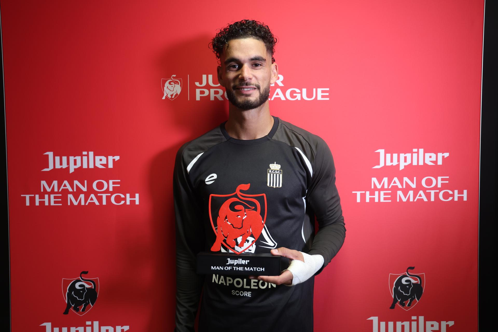 Charleroi's Kevin Van Den Kerkhof receives the Jupiler Man of the Match award at a soccer match between Sporting Charleroi and KV Mechelen, Saturday 22 August 2026 in Charleroi, on day 3 of the 2026-2027 'Jupiler Pro League' first division of the Belgian championship. BELGA PHOTO VIRGINIE LEFOUR