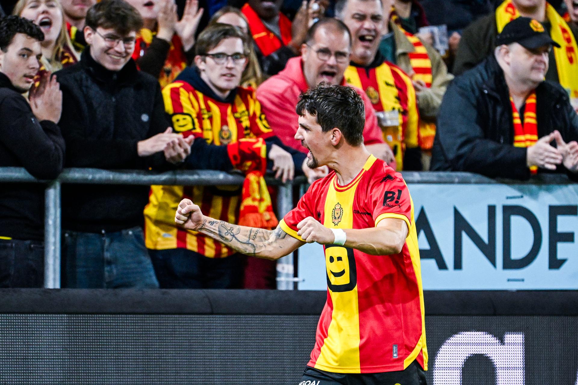 Mechelen's Benito Raman celebrates after scoring during a soccer match between KV Mechelen and Sint-Truiden VV, Sunday 11 October 2026 in Mechelen, on day 8 of the 2026-2027 'Jupiler Pro League' first division of the Belgian championship. BELGA PHOTO TOM GOYVAERTS