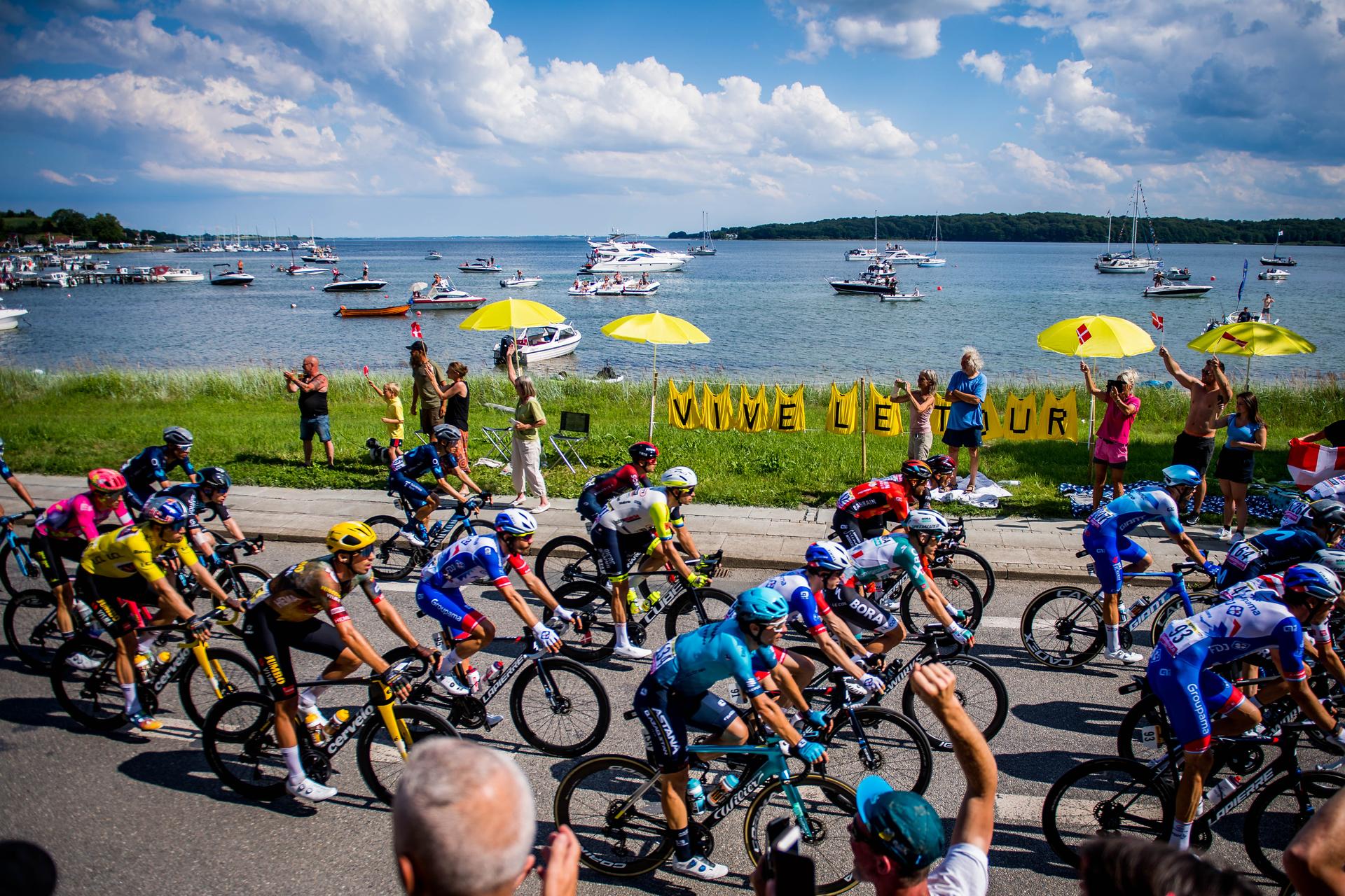Illustration picture of the pack of riders pictured in action during stage three of the Tour de France cycling race, 182km from Vejle to Sonderborg, Denmark on Sunday 03 July 2022. This year's Tour de France takes place from 01 to 24 July 2022 and starts with three stages in Denmark. BELGA PHOTO JASPER JACOBS