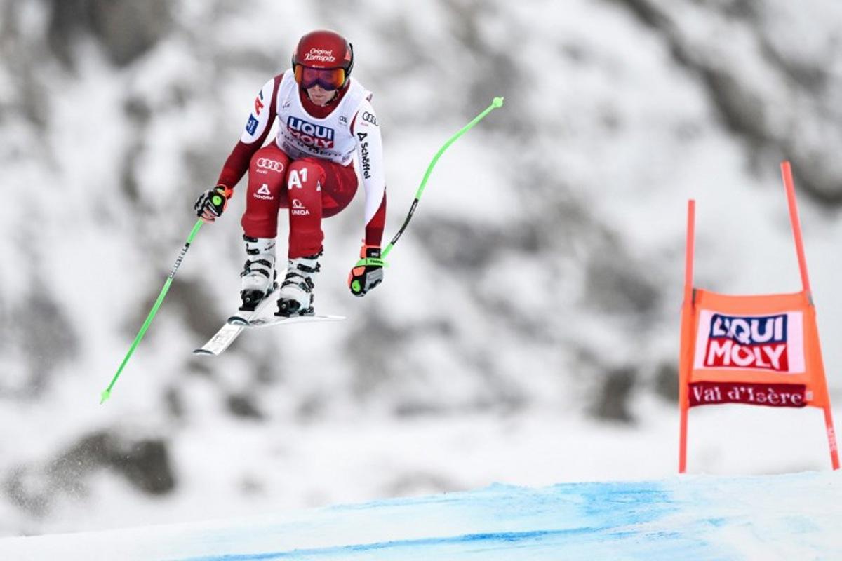 Austria's Cornelia Huetter competes in the women's downhill race part of the FIS Alpine Ski World Cup 2025-2026, in Val d'Isere, south western France, on December 20, 2025. Jeff PACHOUD / AFP