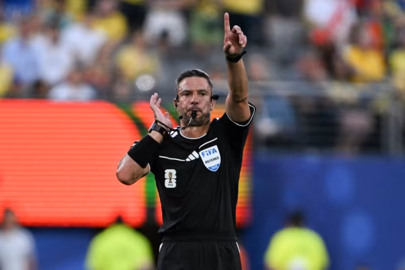 Slovene referee Slavko Vincic blows the whistle at the end of the 2026 World Cup Group C football match between Brazil and Morocco at the New York/New Jersey Stadium in East Rutherford on June 13, 2026. Mauro PIMENTEL / AFP