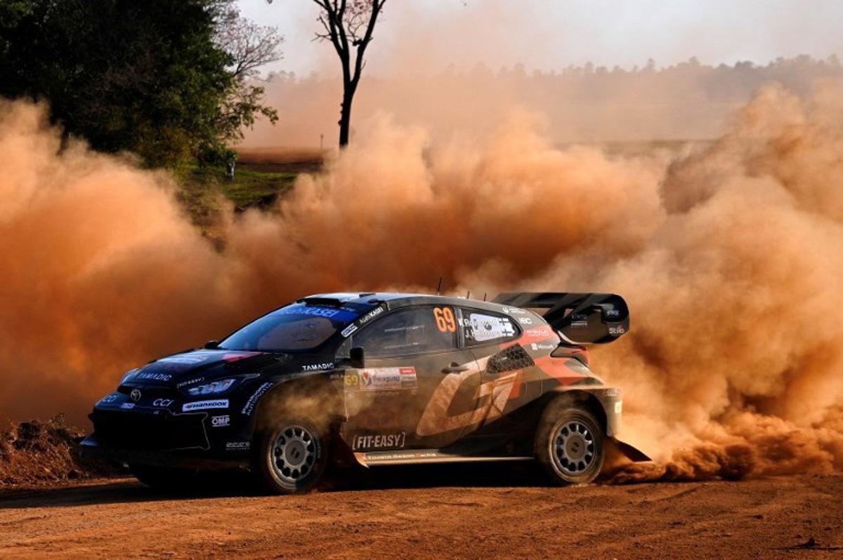 Finnish driver Kalle Rovanpera and co-driver Jonne Halttunen compete in their Toyota GR Yaris Rally during the Autodromo stage of the WRC Rally Paraguay, the 10th round of the FIA World Rally Championship (WRC), in Capitan Miranda near Encarnacion, Paraguay, on August 29, 2025. Luis ROBAYO / AFP