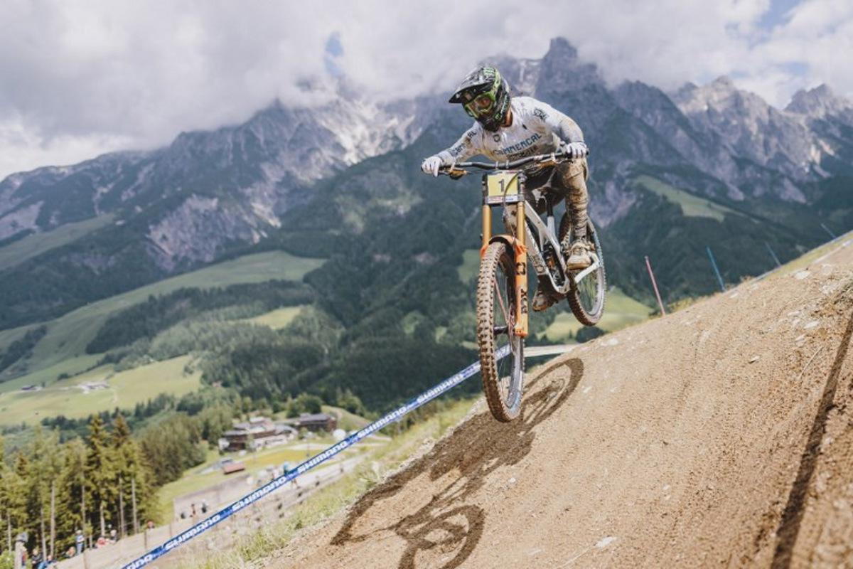 France's Amaury Pierron competes during the men's Downhill Competition of the UCI Mountain Bike World Cup in Leogang, Austria, on June 11, 2022. JFK / APA / AFP