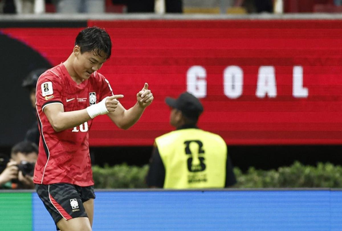 South Korea's forward #18 Oh Hyeon-gyu celebrates scoring his team's second goal during the 2026 World Cup Group A football match between South Korea and the Czech Republic at the Guadalajara Stadium in Zapopan on June 11, 2026. Ulises RUIZ / AFP