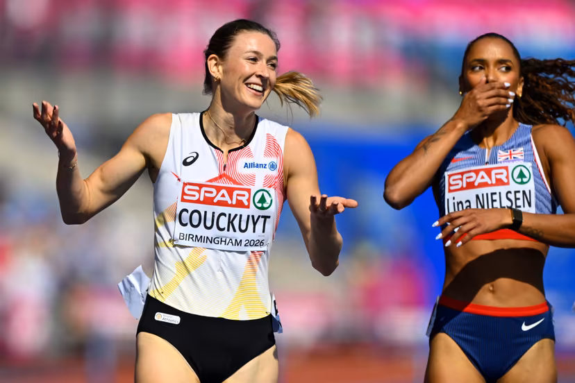 Belgian Paulien Couckuyt celebrates as she won her heat in the semifinals of the Women 400m Hurdles race, on the second day of the European Athletics Championships (August 10-18) in Birmingham, United Kingdom, on Tuesday 11 August 2026. BELGA PHOTO ERIC LALMAND