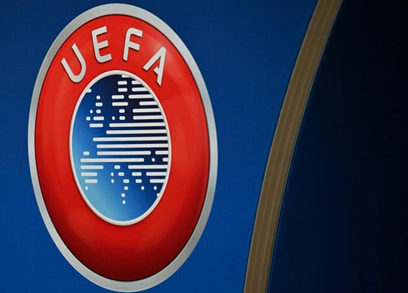 This photograph shows the UEFA logo displayed at the end of the 2025-2026 UEFA Europa League round of 16, quarter-final and semi-final draw at the House of European Football in Nyon, western Switzerland on February 27, 2026. Harold CUNNINGHAM / AFP