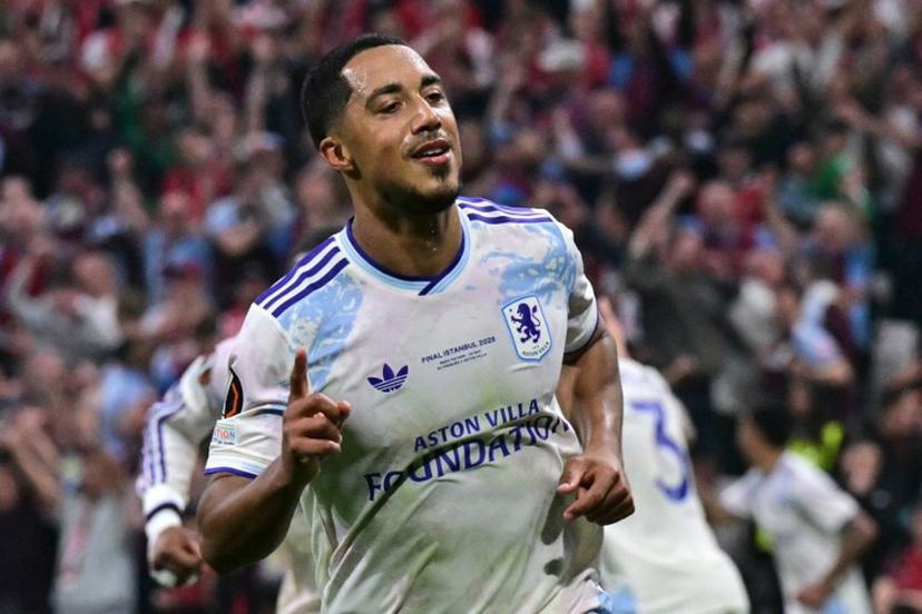 Aston Villa's Belgian midfielder #08 Youri Tielemans celebrates after scoring his team's first goal during the UEFA Europa League final football match between SC Freiburg and Aston Villa at Besiktas Park in Istanbul on May 20, 2026. Stefano RELLANDINI / AFP