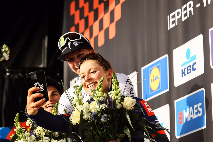 Dutch Charlotte Kool of Team Picnic PostNL pictured on the podium after the women elite 'Gent-Wevelgem - In Flanders Fields' one day cycling race, 169.1 km from Ieper to Wevelgem, Sunday 30 March 2025. BELGA PHOTO DAVID PINTENS