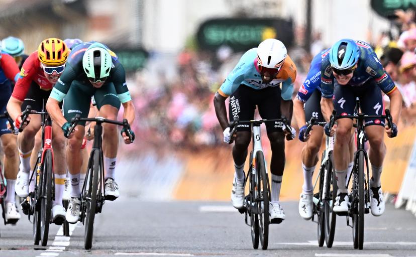 Danish Mads Pedersen of Lidl-Trek, Eritrean Biniam Girmay of NSN Cycling Team and Belgian Tim Merlier of Soudal Quick-Step sprint to the finish of stage 5 of the 2026 Tour de France cycling race, a stage of 158km from Lannemezan to Pau, on Wednesday 08 July 2026. The 113th edition of the Tour de France starts on Saturday 4 July in Barcelona, Spain, and will finish in Paris, France on the 26th of July. BELGA PHOTO JASPER JACOBS