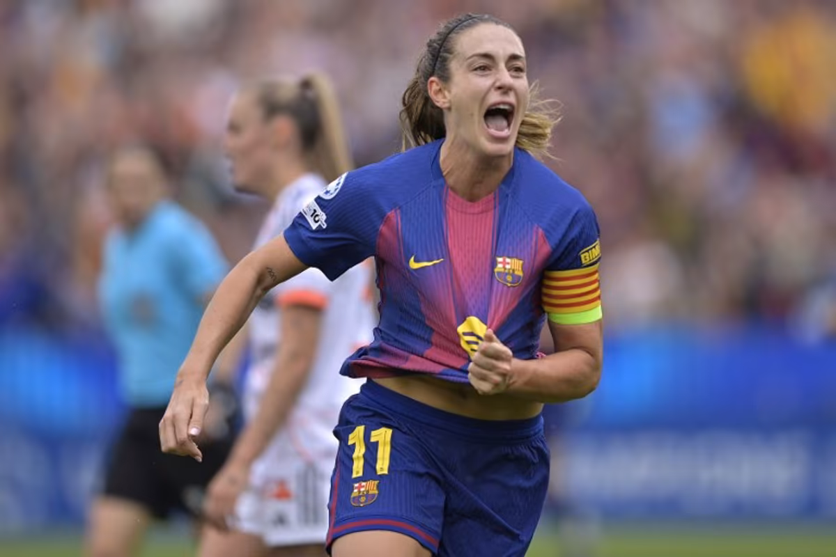 Barcelona's Spanish midfielder #11 Alexia Putellas celebrates scoring her team's second goal during the UEFA Women's Champions League semi-final second leg football match between FC Barcelona and Bayern Munich at Camp Nou Stadium in Barcelona on May 3, 2026. MANAURE QUINTERO / AFP