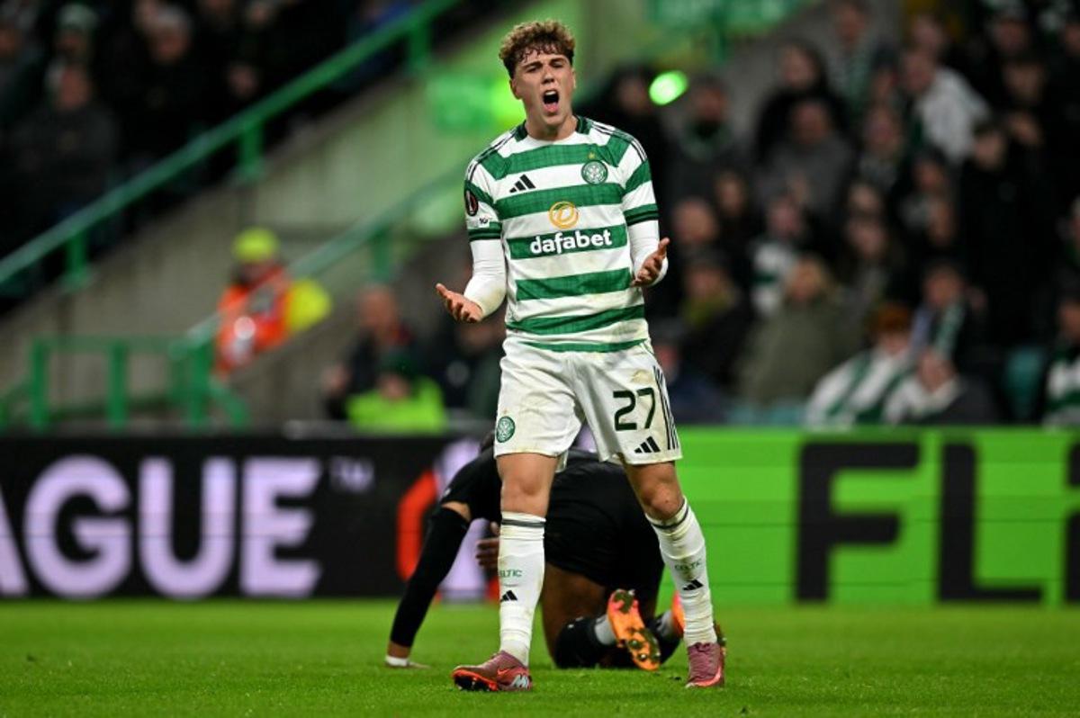 Celtic's Belgian midfielder #27 Arne Engels reacts during the UEFA Europa League league-stage football match between Celtic and Sturm Graz at Celtic Park in Glasgow on October 23, 2025. ANDY BUCHANAN / AFP