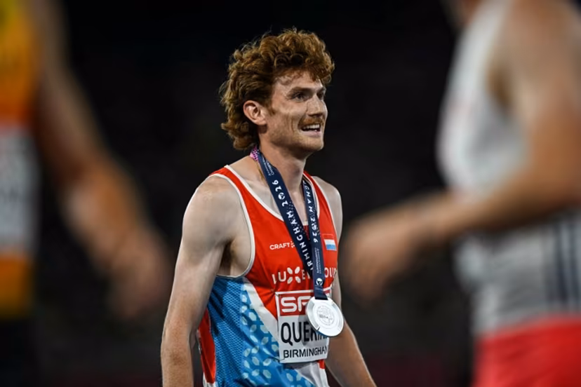 Silver medallist Luxembourg's Ruben Querinjean celebrates after competing in the men's 3000m steeplechase final during the European Athletics Championships at Alexander Stadium in Birmingham on August 16, 2026. Paul ELLIS / AFP