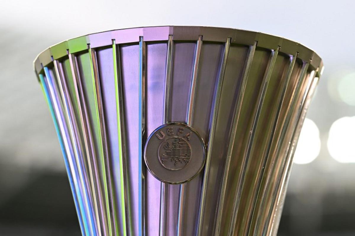 The UEFA Conference League trophy with UEFA logo is displayed at the stadium in Wroclaw, Poland on May 28, 2025, ahead of the UEFA Conference League final football match between Real Betis and Chelsea FC. Sergei GAPON / AFP