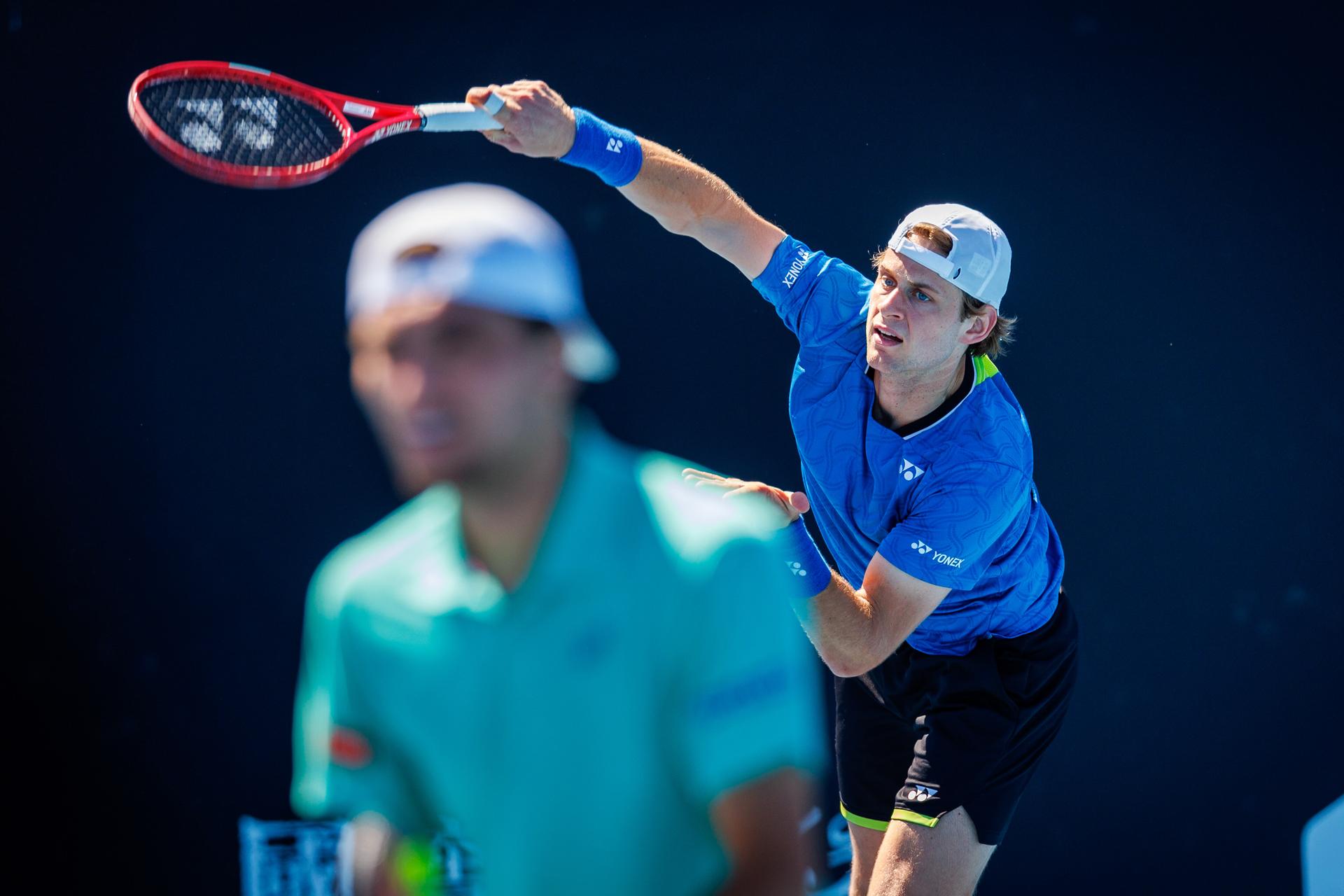 Belgian Zizou Bergs pictured during a first round match of Belgium's Bergs/Collignon against Australia's pair McCabe/Tu in the men doubles at the Australian Open, Melbourne Park, Melbourne on Wednesday 21 January 2026. McCabe/Tu won the game. BELGA PHOTO PATRICK HAMILTON --- BENELUX ONLY ---