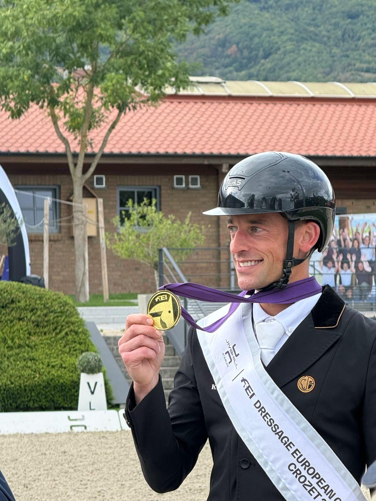 ATTENTION EDITORS - HAND OUT PICTURES - EDITORIAL USE ONLY - MANDATORY CREDIT 'WENDY LAEREMANS' This handout picture, distributed by Wendy Laeremans, shows Justin Verboomen, who won a Gold medal with Zonik Plus in the Grand Prix Special at the European Championship in Crozet, on Friday 29 August 2025. Verboomen and Zonik won with a score of 82.371% ahead of Denmark's Cathrine Laudrup-Dufour and Isabell Werth. BELGA PHOTO WENDY LAEREMANS *** Belga and Belga Editorial Board decline all responsibility regarding the content of this picture. ***