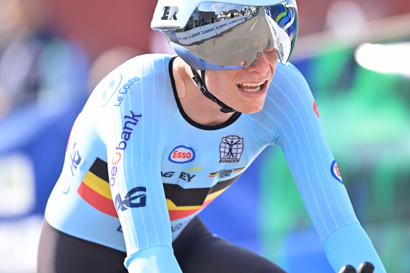 Belgium's Vic De Smet crosses the finish line of the Men Junior Individual Time Trial race (22km) at the cycling UEC Road European Championships, in Ljubljana, Slovenia, on Wednesday 7 October 2026. The UEC Road European Championships are taking place from 02 to 07 October in Ljubljana, Slovenia. BELGA PHOTO DAVID PINTENS