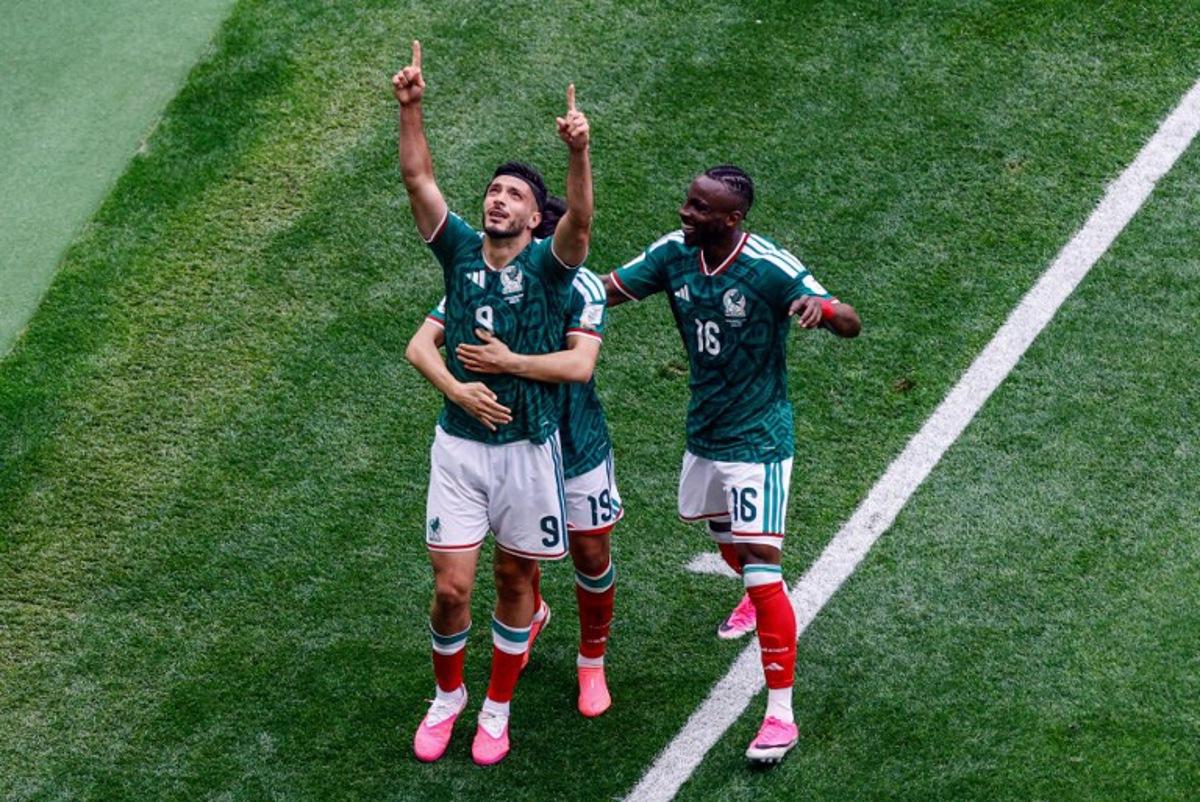 Mexico's forward #09 Raul Jimenez celebrates scoring his team's second goal during the 2026 World Cup Group A football match between Mexico and South Africa at the Mexico City Stadium in Mexico City on June 11, 2026. Rodrigo OROPEZA / AFP