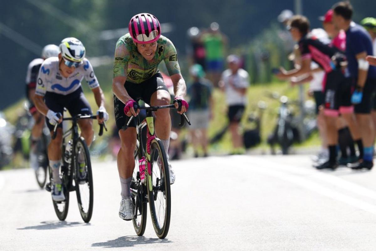 EF Education - EasyPost Danish rider Michael Valgren attacks during the 17th stage of the Giro d'Italia 2026 - Tour of Italy cycling race between Cassano d'Adda and Andalo, Italy, on May 27, 2026. Luca Bettini / AFP