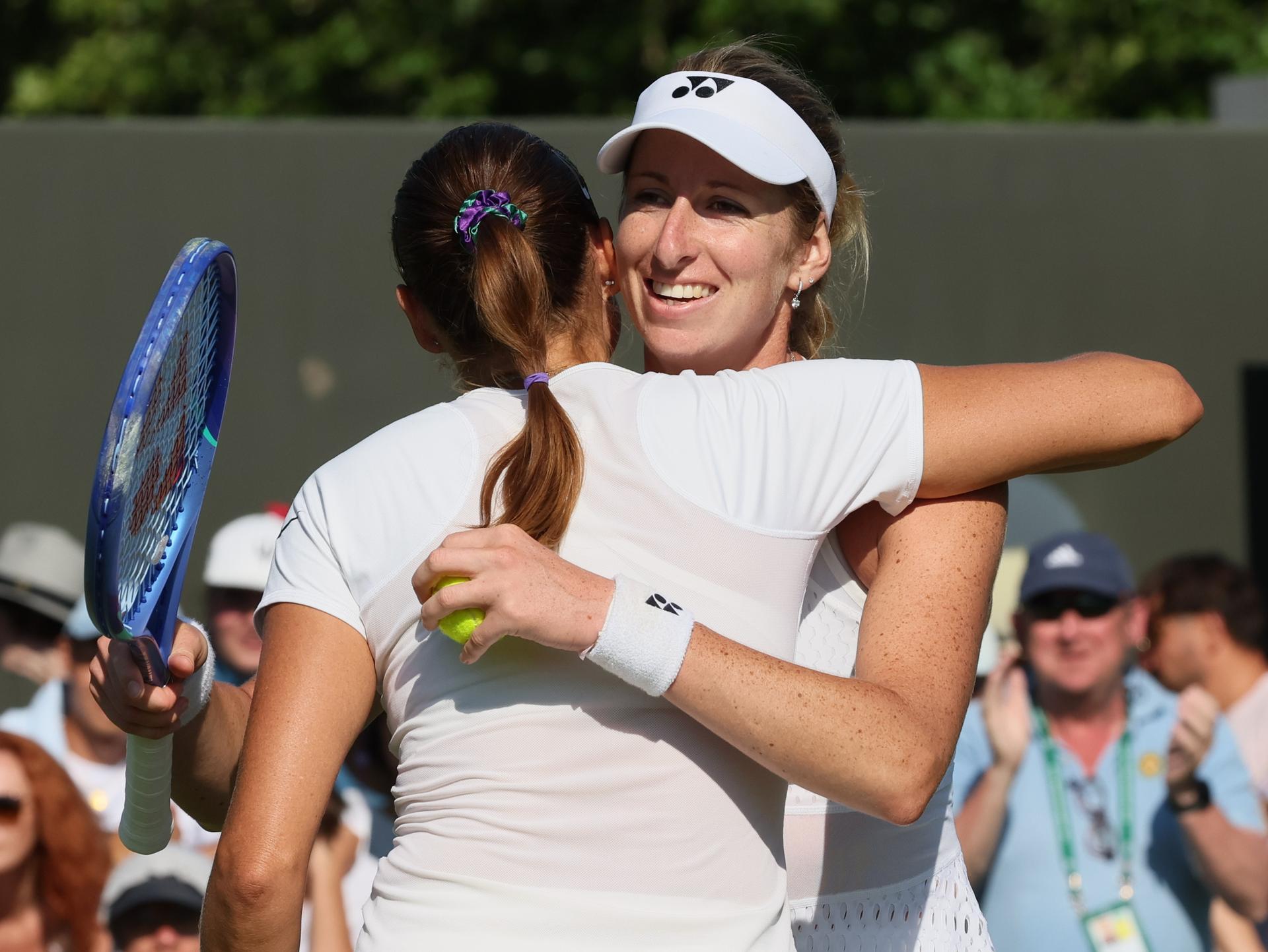 Alexandra Panova and Belgian Magali Kempen celebrate after winning a tennis match against US-Polish pair Jovic-Linette in the first round of the Women's doubles at the Wimbledon grand slam tennis tournament in London, Britain, Thursday 02 July 2026. BELGA PHOTO BENOIT DOPPAGNE