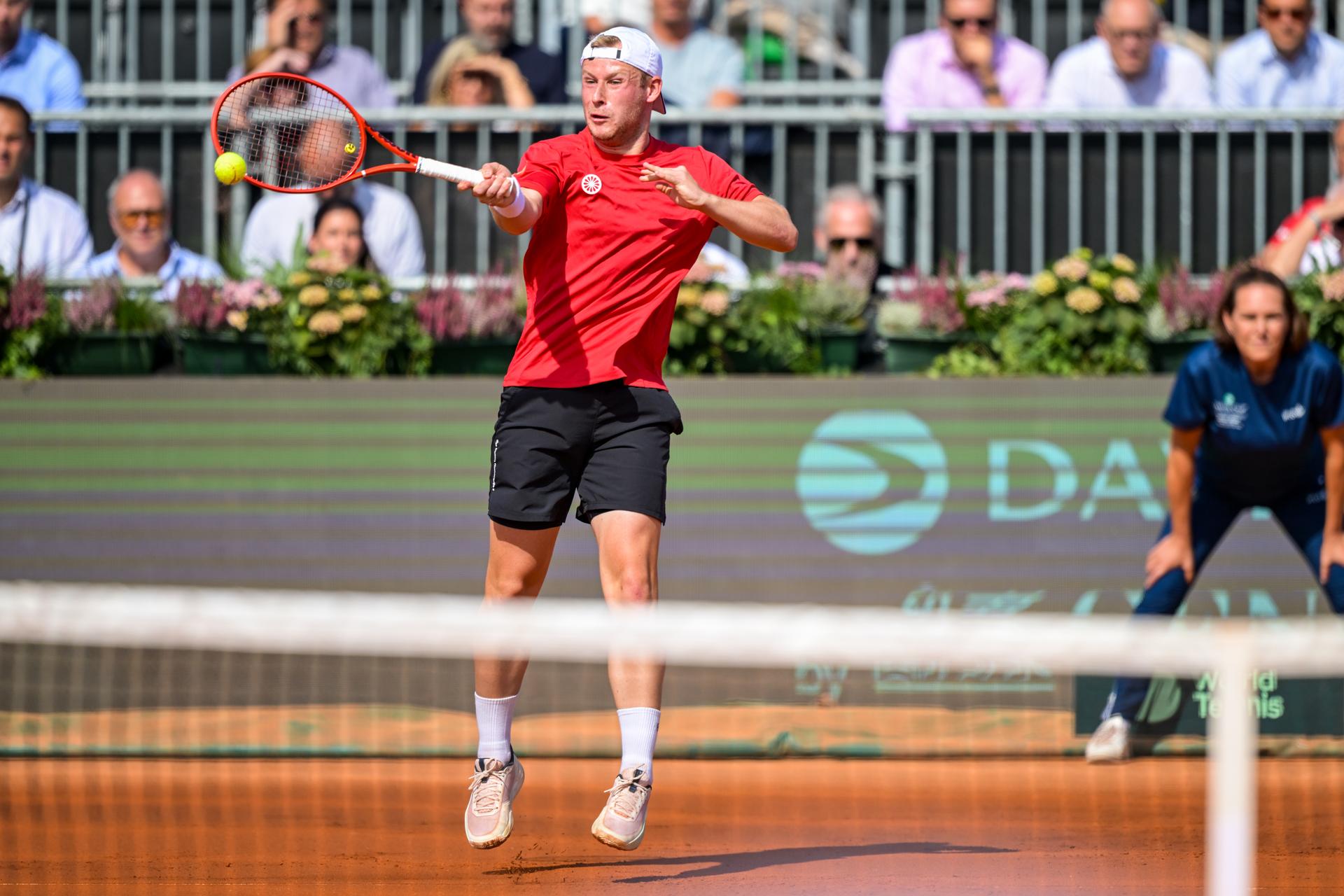 Belgian Gauthier Onclin is pictured in action during a tennis match between Austrian Rodionov and Belgian Onclin, the first rubber in the tie between Austria and Belgium, qualifiers for the Davis Cup tournament, on Friday 18 September 2026 in Vienna, Austria. BELGA PHOTO DAVID PINTENS