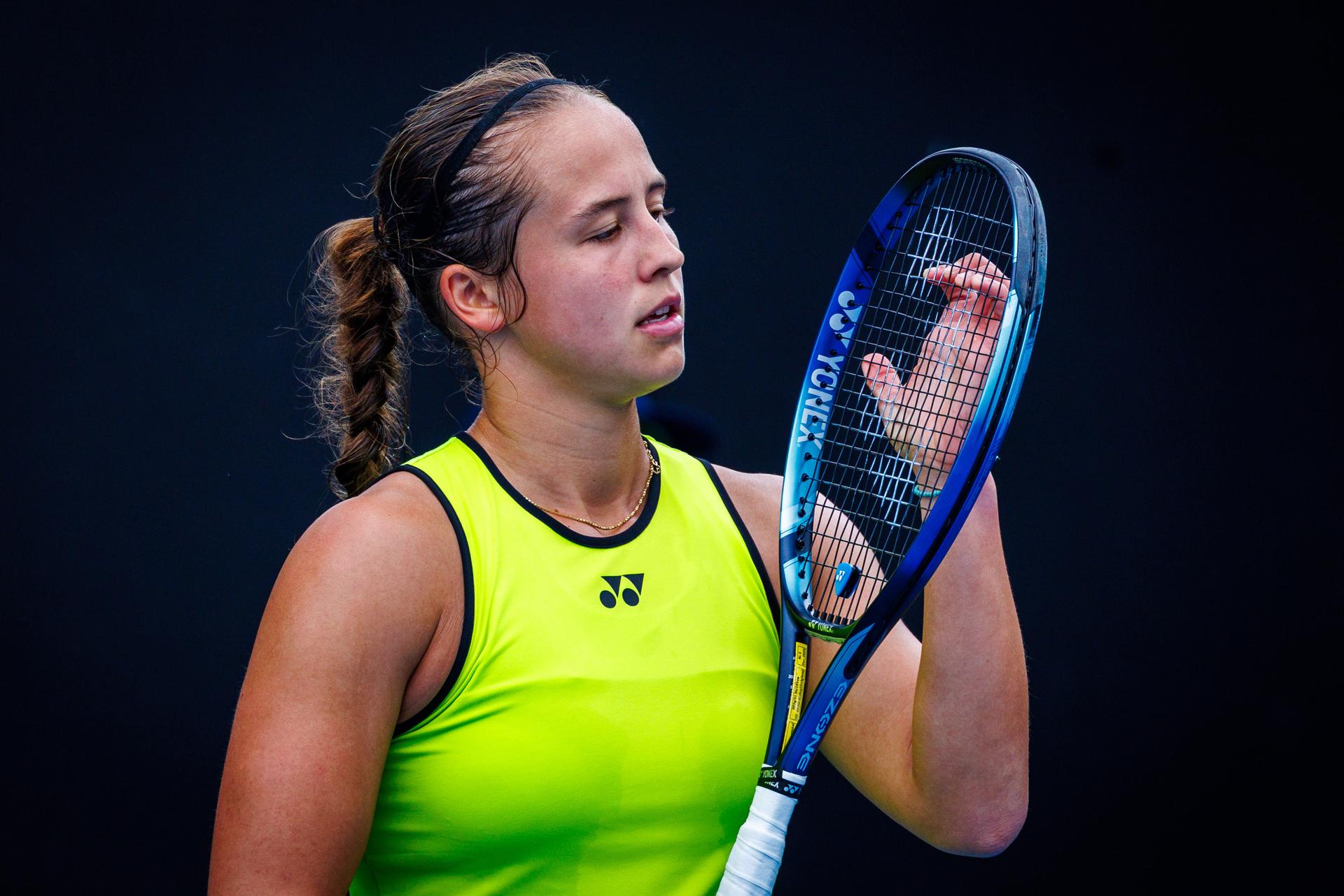 Belgium¿s Hanne Vandewinkel during a qualifying match against USA¿s Carol Young Suh at the Australian Open, Melbourne Park, Melbourne, January 13, 2026. Photo by Patrick Hamilton/SIPA USA) --- BENELUX ONLY ---