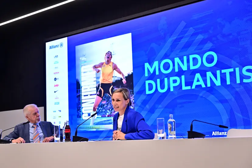 Wilfried Meert, organizer of the Memorial Van Damme meeting and Memorial Van Damme meeting director Kim Gevaert pictured during a press conference on the 50th edition of the Memorial Van Damme athletics event in Brussels, Wednesday 06 May 2026. The 2026 Allianz Memorial Van Damme Diamond League meeting takes place on 04 and 05 September 2026. BELGA PHOTO DIRK WAEM