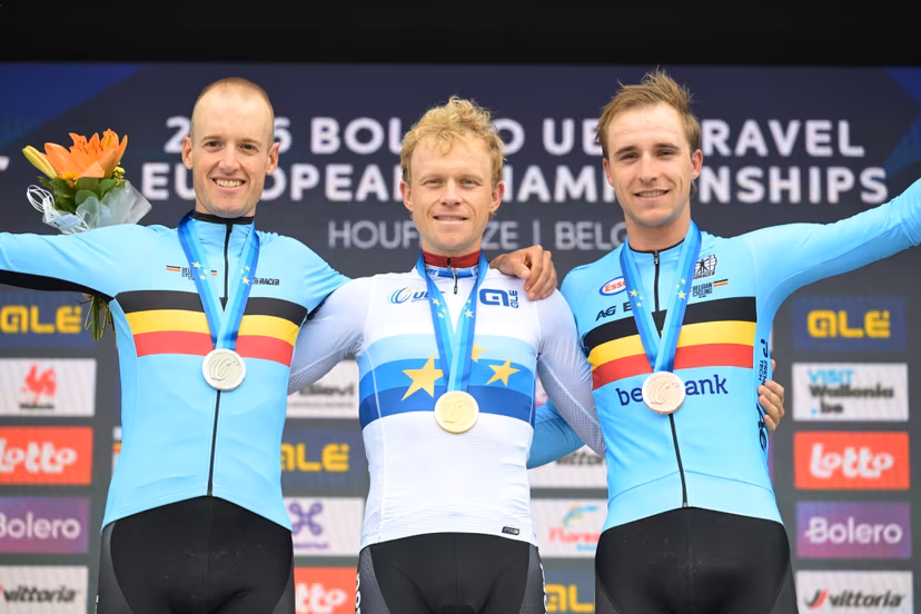 Belgian Wout Alleman, Danish SCHMIDT Mads Würtz, Belgian Niels Vandeputte of Alpecin-Premier Tech pictured on the podium after the UEC Gravel European Championships in Houffalize (138 km), on Sunday 30 August 2026. BELGA PHOTO DAVID PINTENS