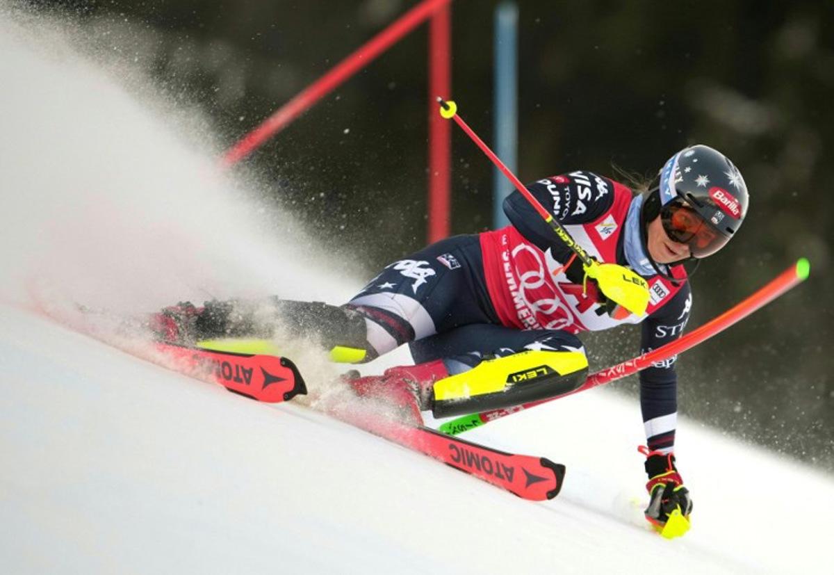 USA's Mikaela Shiffrin competes in the first run of the Women's Slalom race of the FIS Alpine Ski World Cup in Semmering, Austria on December 28, 2025. GEORG HOCHMUTH / APA / AFP