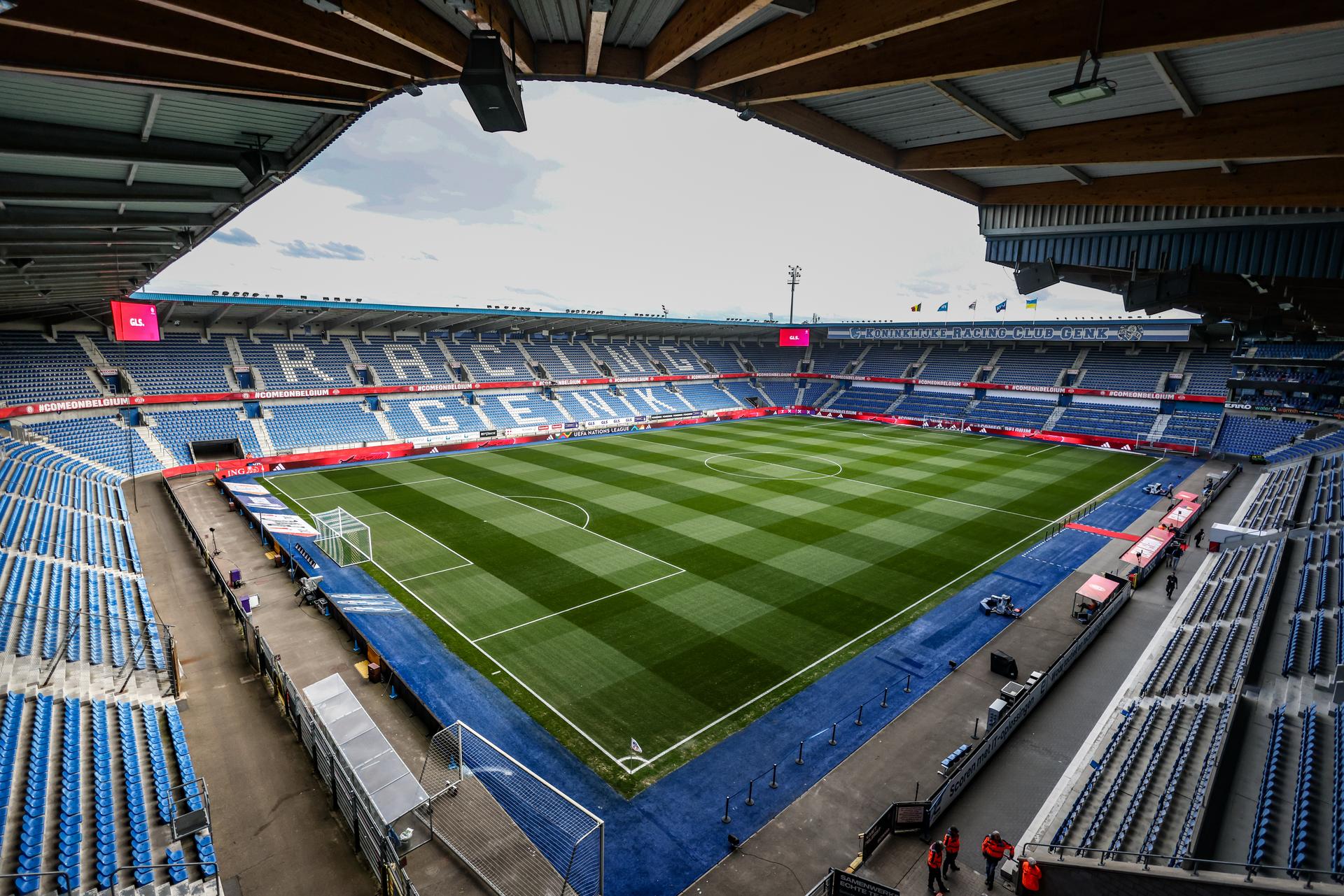 this picture shows and the Genk Arena stadium ahead of a press conference of Belgian national soccer team the Red Devils, Saturday 22 March 2025 in Genk. The team is preparing for tomorrow's game against Ukraine, the return leg of the Nations League playoff. Ukraine won the first leg 3-1. BELGA PHOTO BRUNO FAHY