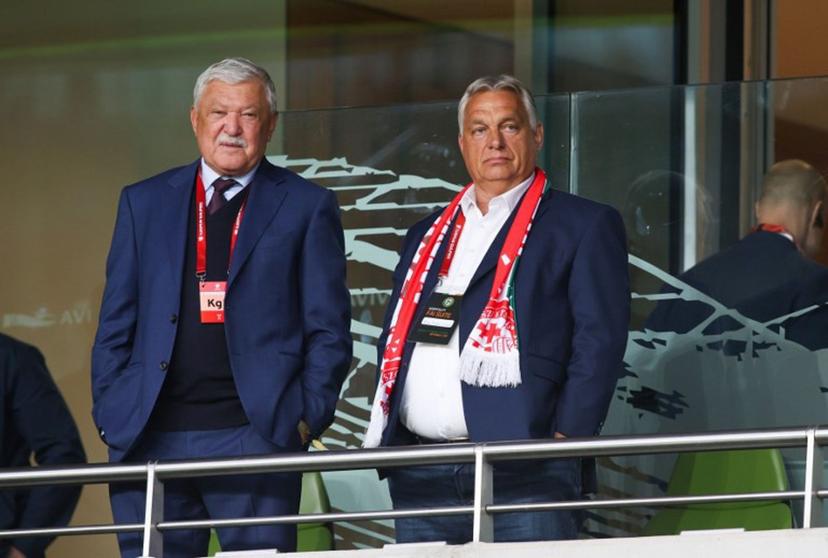 Prime Minister of Hungary Victor Orban and Hungarian football President Sandor Csanyi look on before the 2026 World Cup Group F qualifier football match between Republic of Ireland and Hungary, at Aviva Stadium, in Dublin, on September 6, 2025. Paul Faith / AFP