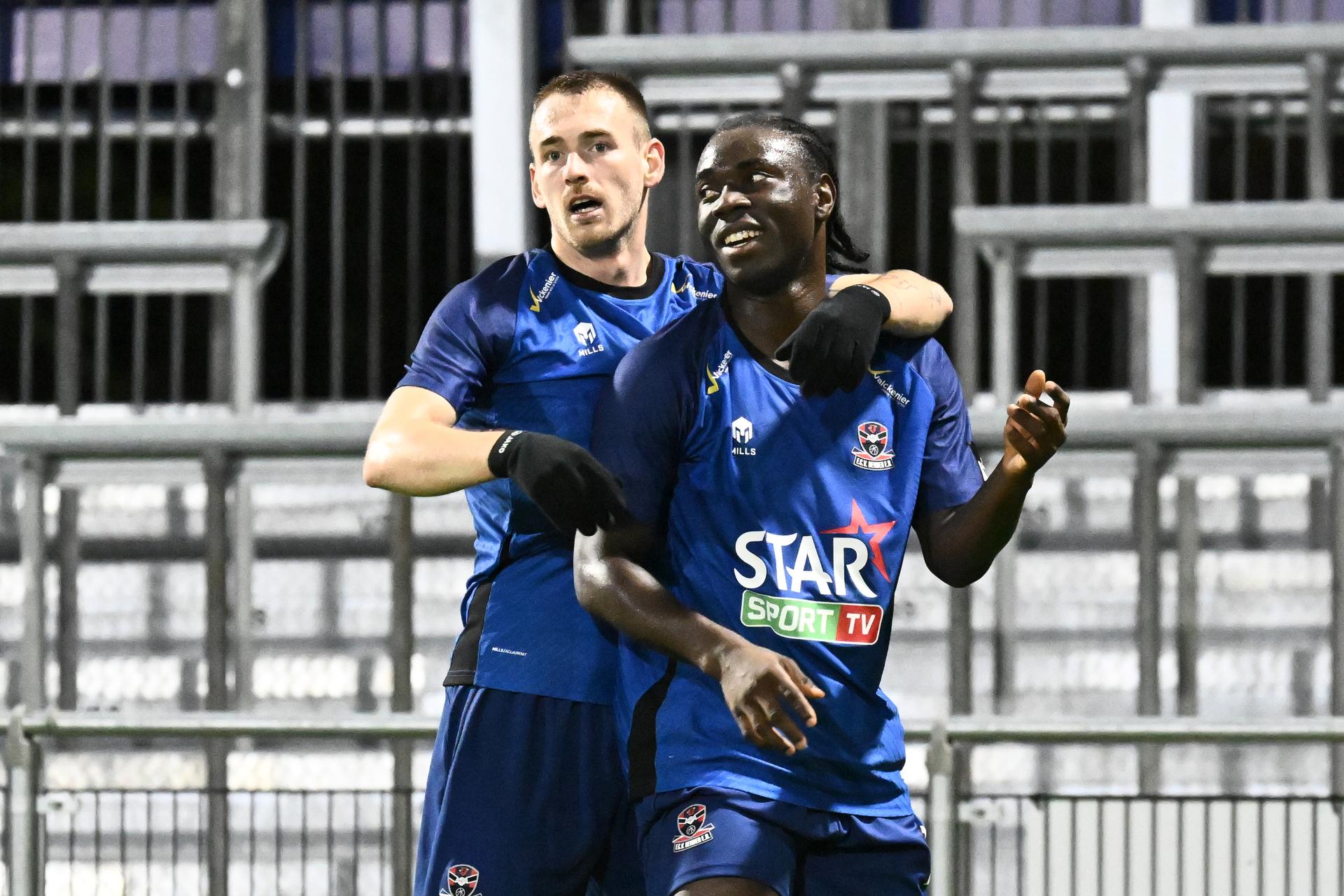 Dender's Jordan Kadiri celebrates after scoring the 4-2 goal during a soccer game between Dender EH and Olympic Charleroi (1B), in the 1/16th final of the Croky Cup Belgian cup, on Tuesday 28 October 2025 in Denderleeuw. BELGA PHOTO MAARTEN STRAETEMANS