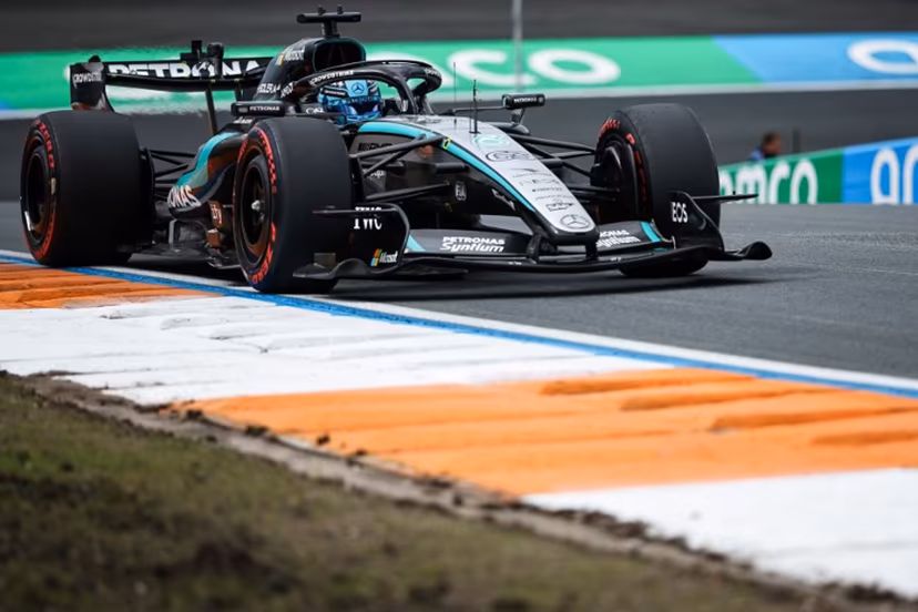 Mercedes' British driver George Russell drives during the first practice session of the Formula One Dutch Grand Prix at The Circuit Zandvoort, western Netherlands, on August 21, 2026. SIMON WOHLFAHRT / AFP