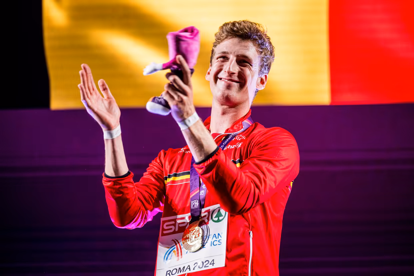 Belgian Alexander Doom celebrates on the podium after winning the European Championships Athletics in Rome, Italy, on Monday 10 June 2024. The European Athletics Championships take place from 7 to 12 June. BELGA PHOTO JASPER JACOBS