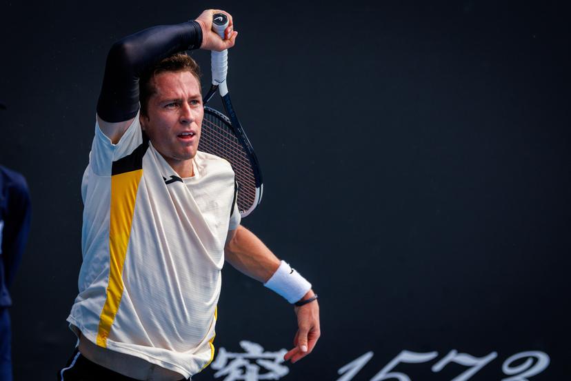 Belgium's Kimmer Coppejans pictured in action during a third round qualifying match in the men's singles against USA's Svajda at the Australian Open, Melbourne Park, Melbourne on Thursday 15 January 2026. BELGA PHOTO PATRICK HAMILTON --- BENELUX ONLY ---