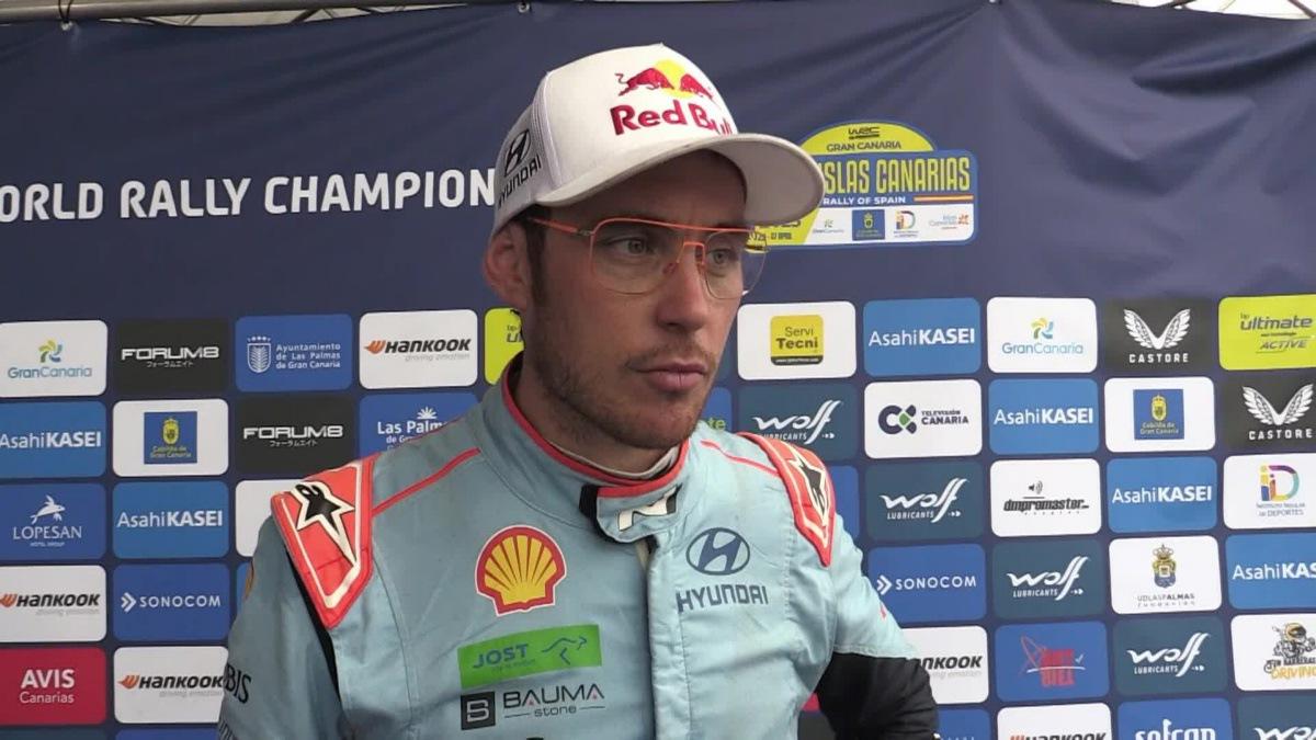 Video showing 00:00:00:00 - 00:01:02:17. Interview in French with Thierry Neuville during the second day of the World Rally Championship (WRC) Rally Islas Canarias, held on the island of Gran Canaria in Spain's Canary Islands, Saturday 26 April 2025. BELGA VIDEO ERIC DUPAIN